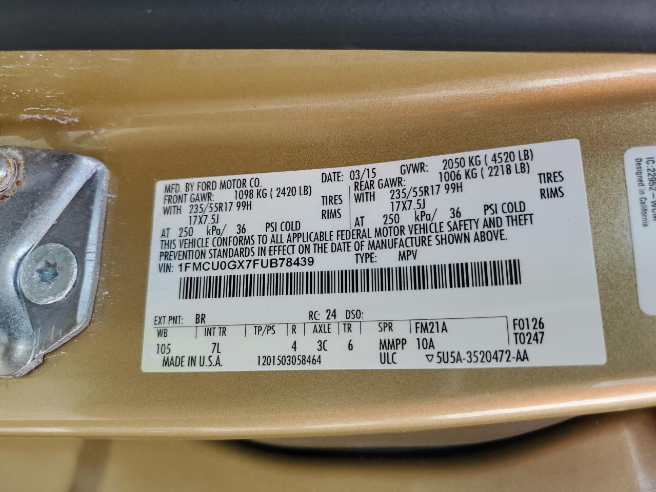 2015 Ford Escape Se VIN: 1FMCU0GX7FUB78439 Lot: 69096224