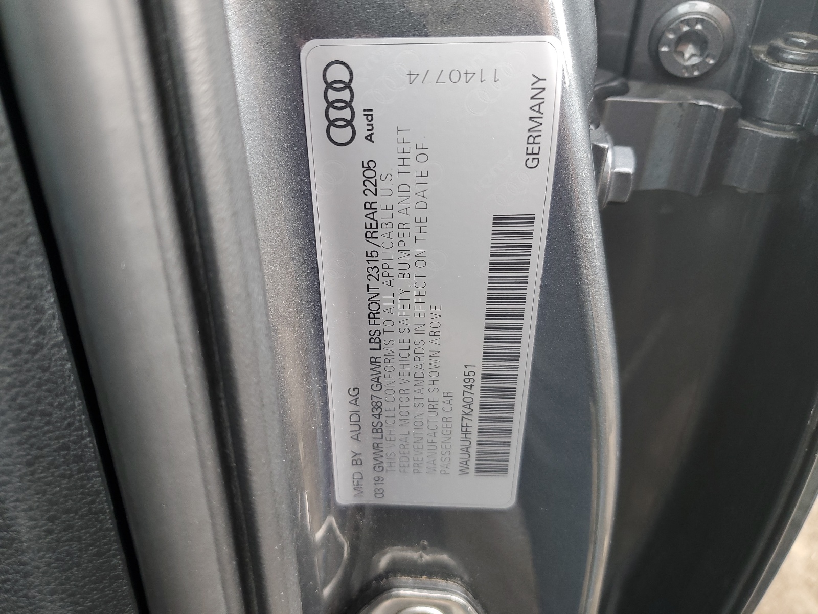 WAUAUHFF7KA074951 2019 Audi A3 Premium