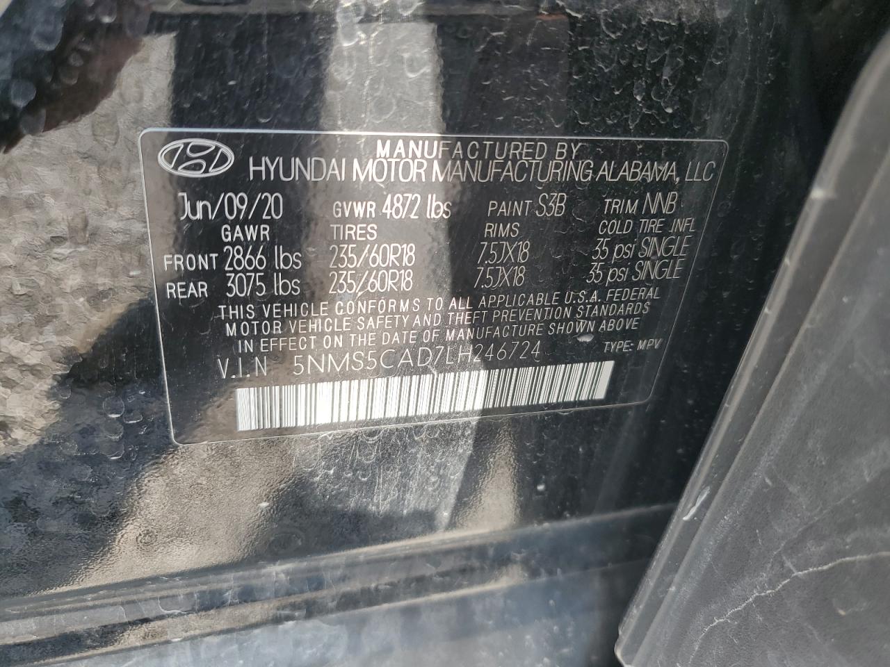 5NMS5CAD7LH246724 2020 Hyundai Santa Fe Limited