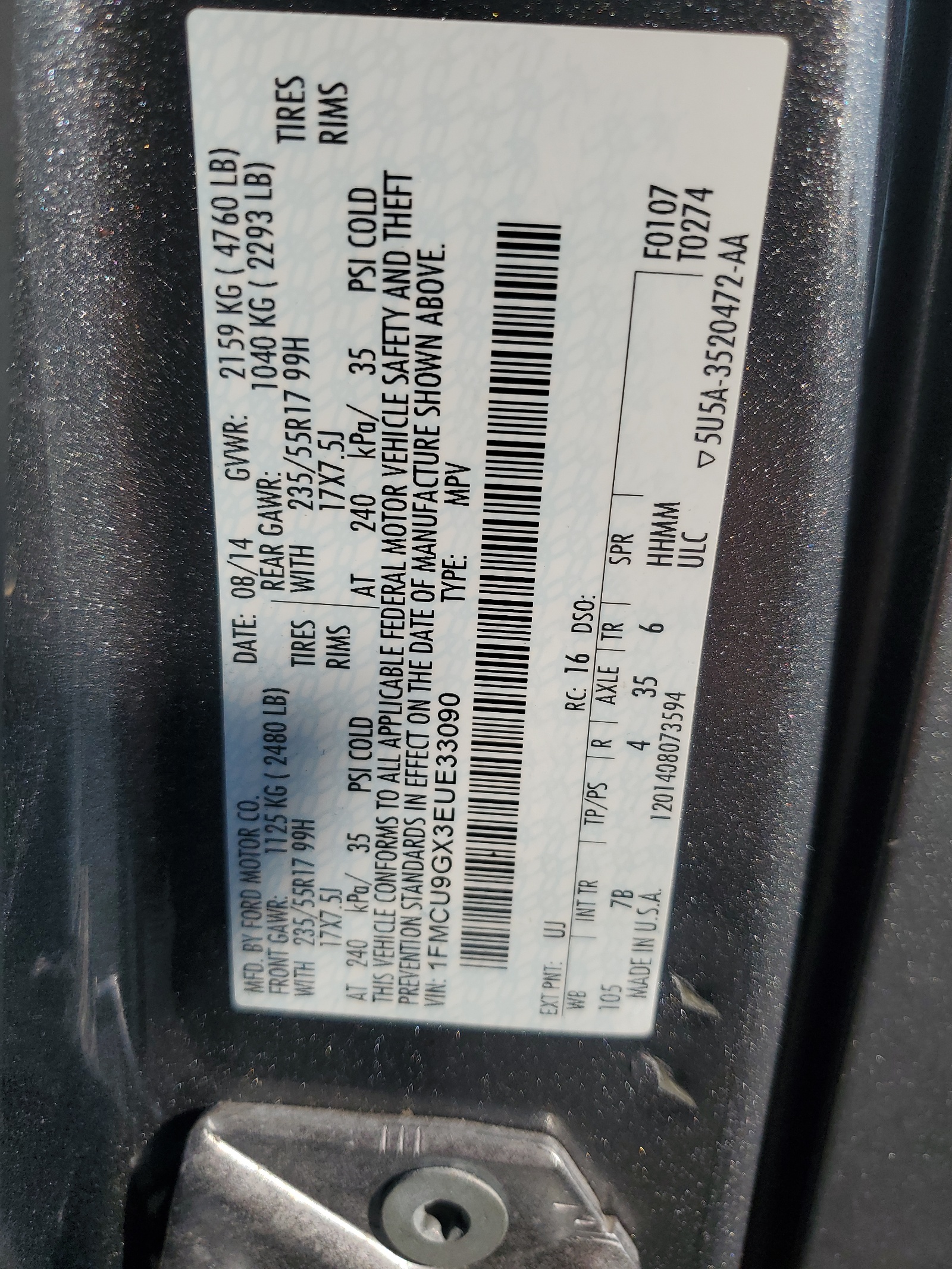 1FMCU9GX3EUE33090 2014 Ford Escape Se