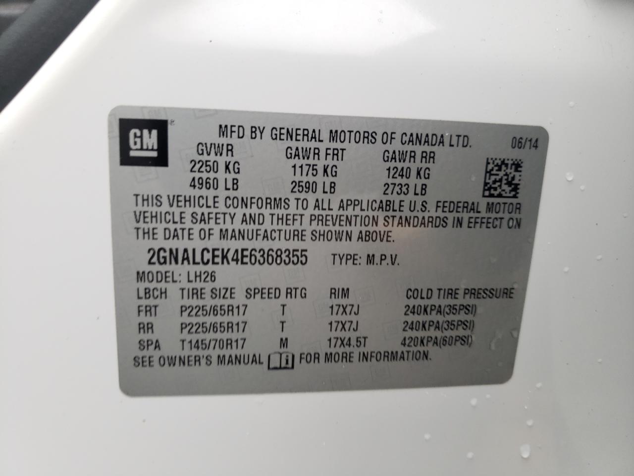 2GNALCEK4E6368355 2014 Chevrolet Equinox Lt