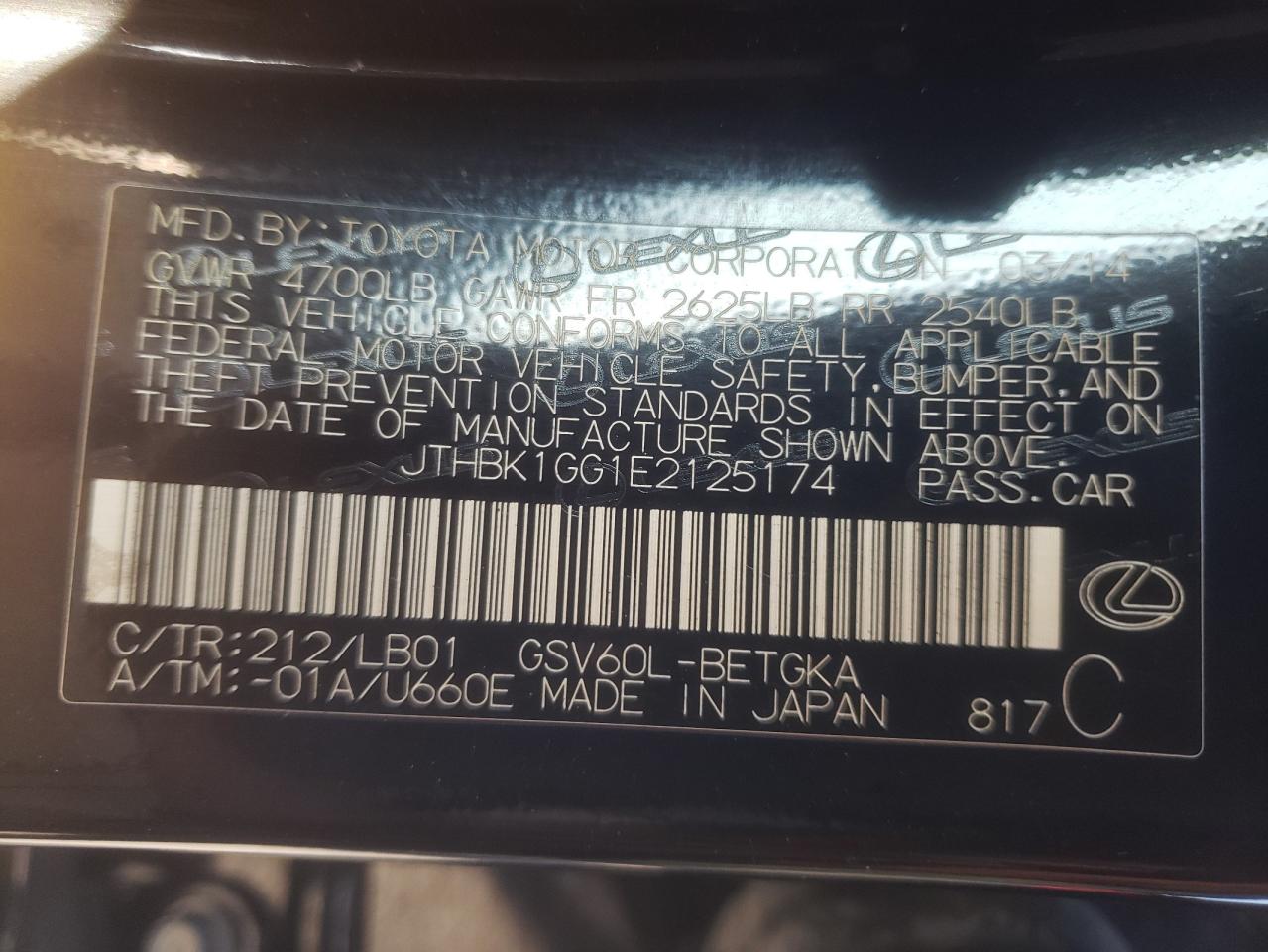 2014 Lexus Es 350 VIN: JTHBK1GG1E2125174 Lot: 65142624