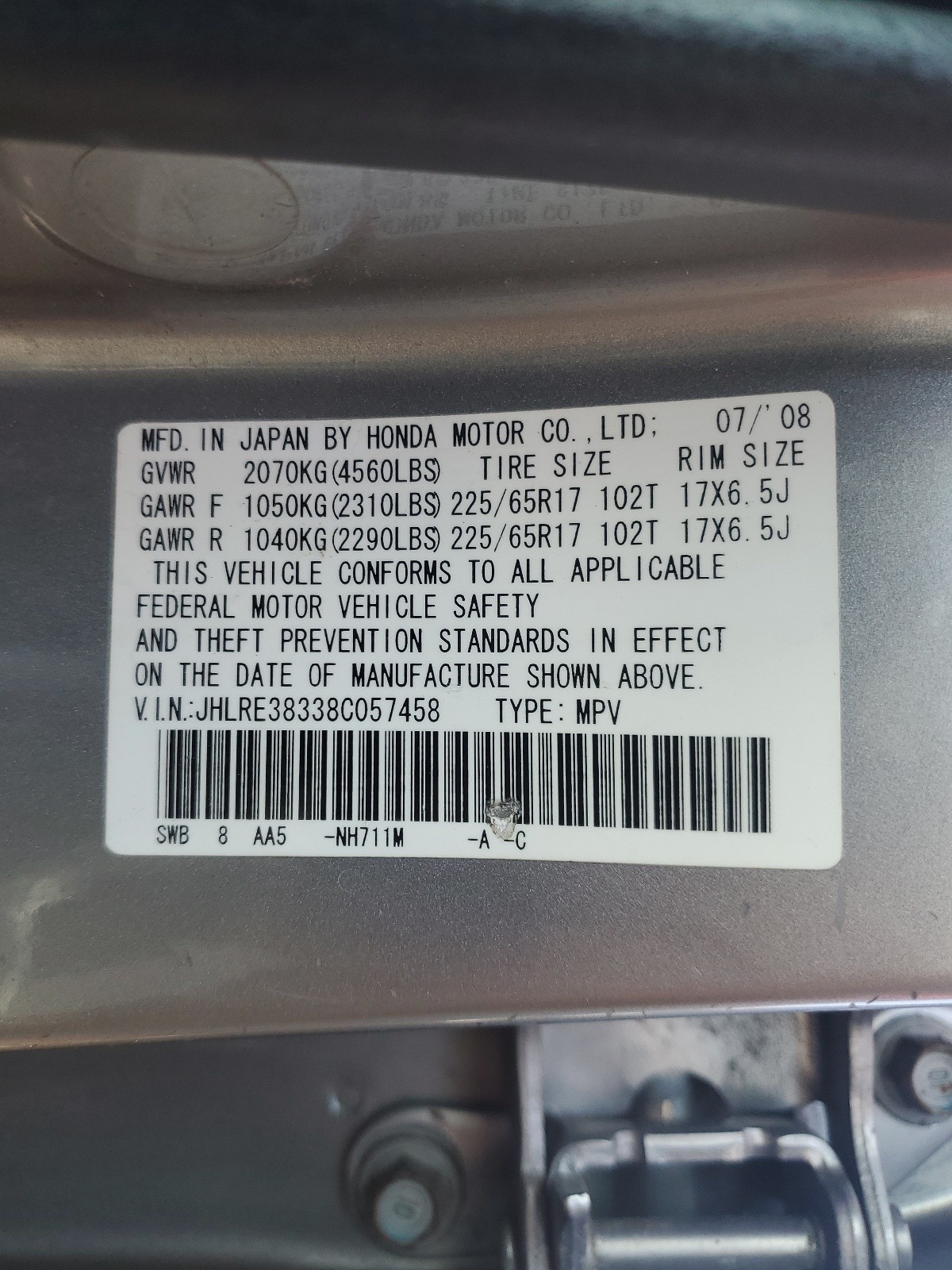 JHLRE38338C057458 2008 Honda Cr-V Lx