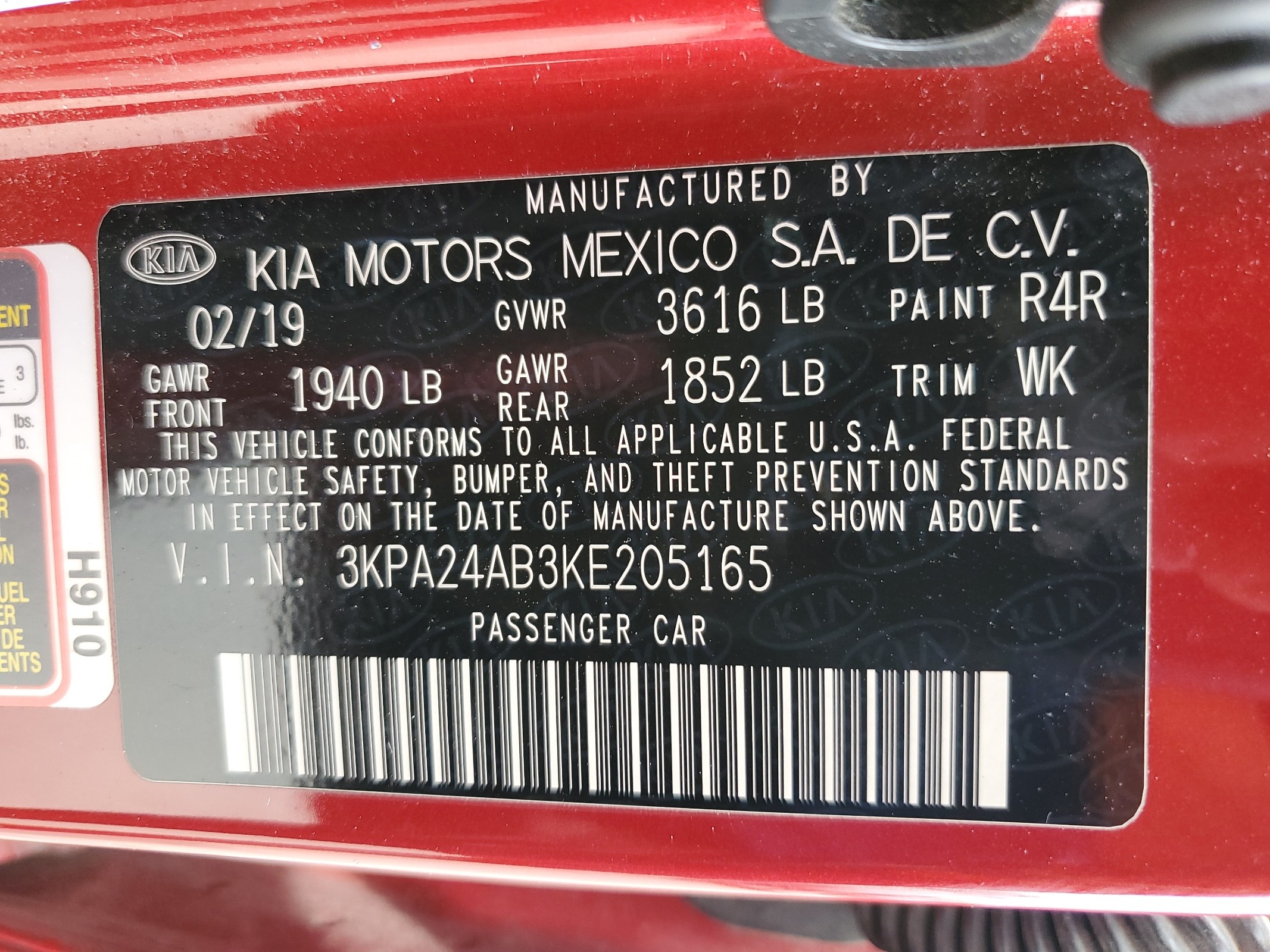 3KPA24AB3KE205165 2019 Kia Rio S