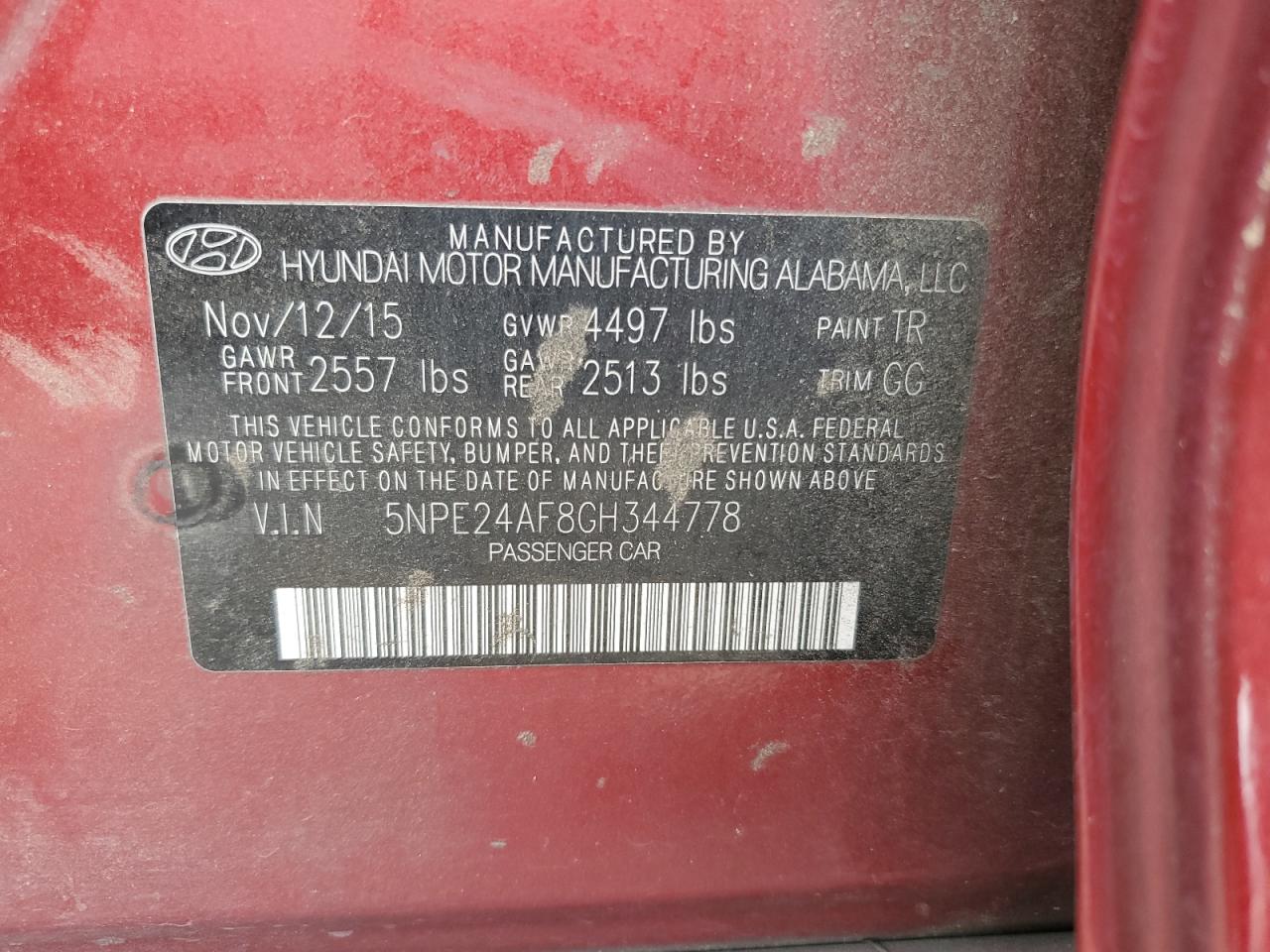 2016 Hyundai Sonata Se VIN: 5NPE24AF8GH344778 Lot: 66091364