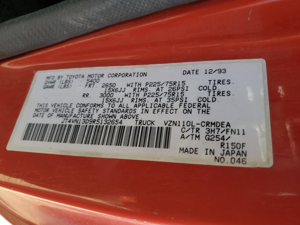 1994 Toyota Pickup 1/2 Ton Extra Long Wheelbase VIN: JT4VN13D9R5132654 Lot: 66801604