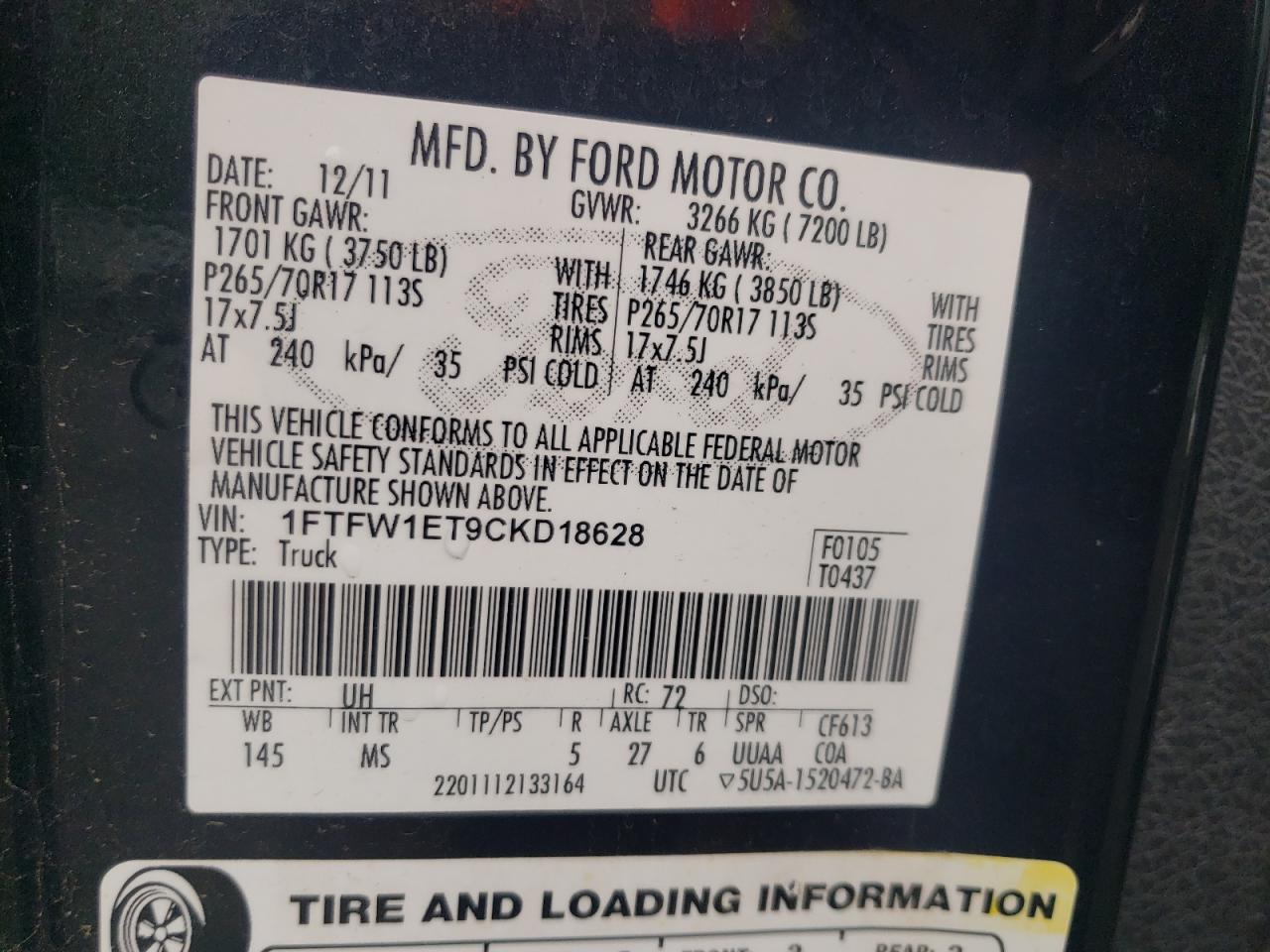 1FTFW1ET9CKD18628 2012 Ford F150 Supercrew