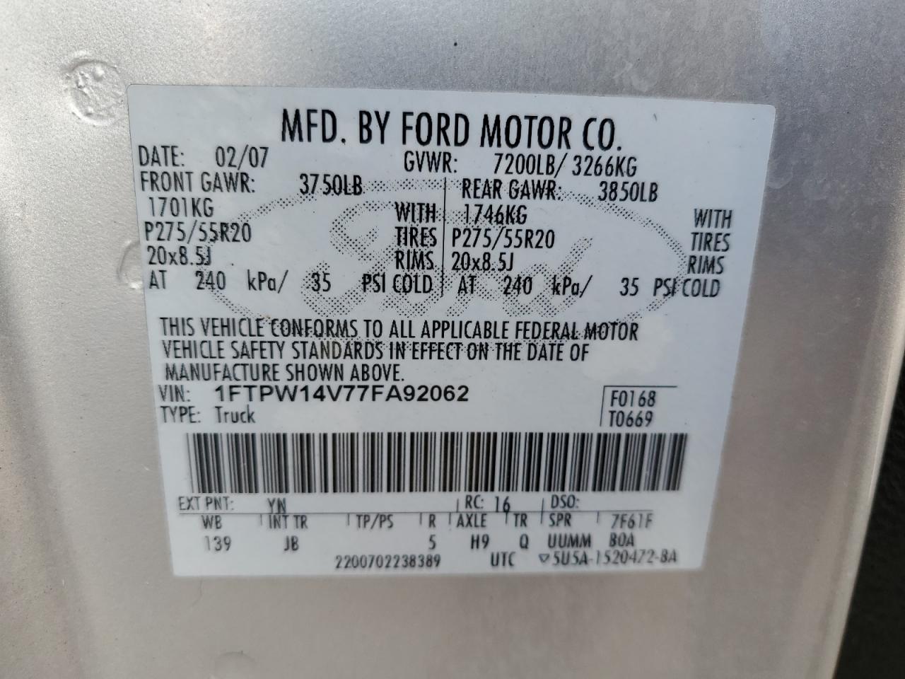 2007 Ford F150 Supercrew VIN: 1FTPW14V77FA92062 Lot: 68546704