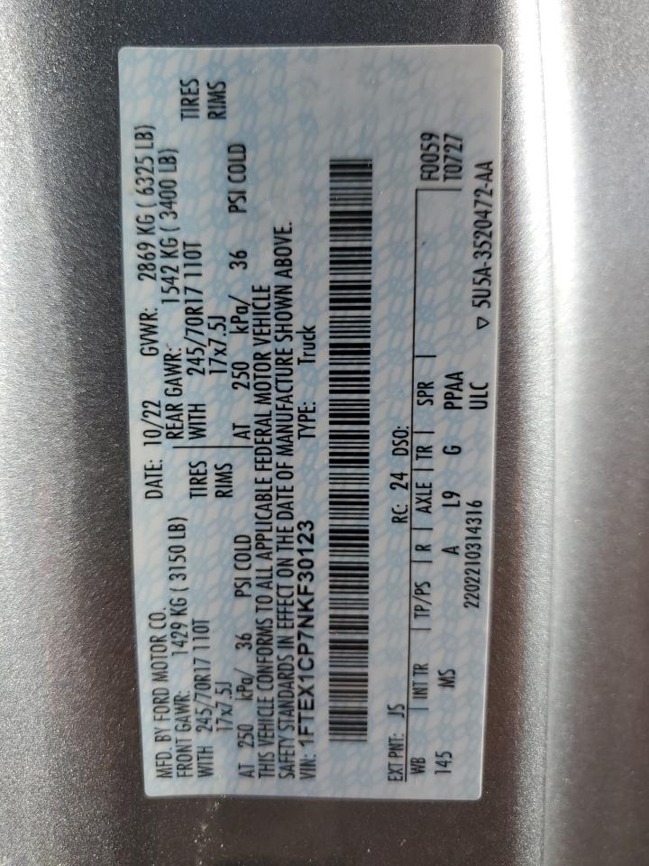 2022 Ford F150 Super Cab VIN: 1FTEX1CP7NKF30123 Lot: 67876784