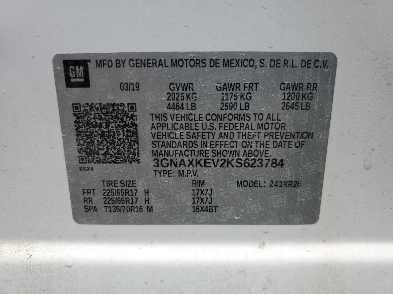 3GNAXKEV2KS623784 2019 Chevrolet Equinox Lt