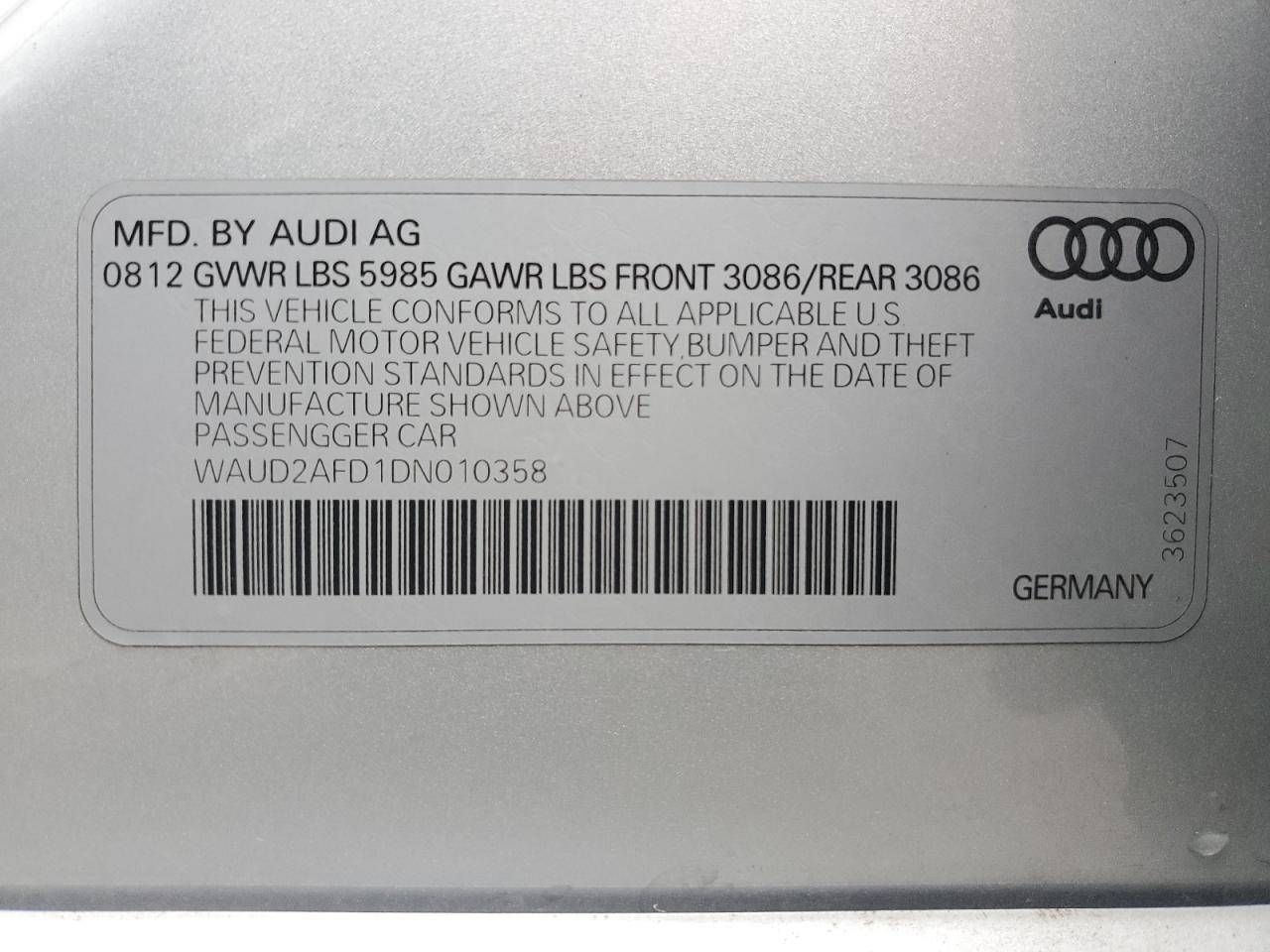 2013 Audi S8 Quattro VIN: WAUD2AFD1DN010358 Lot: 66852694