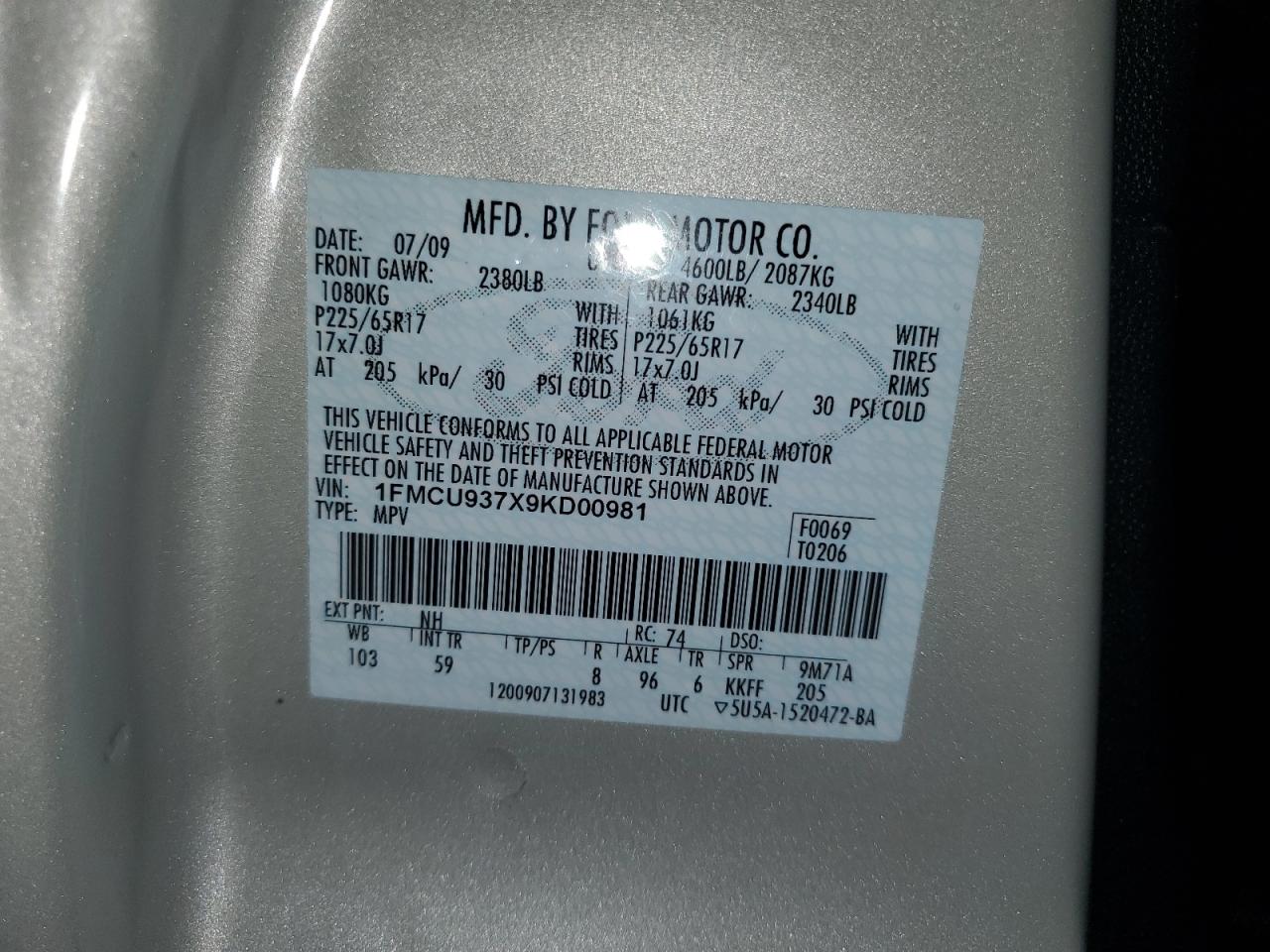 2009 Ford Escape Xlt VIN: 1FMCU937X9KD00981 Lot: 63675964