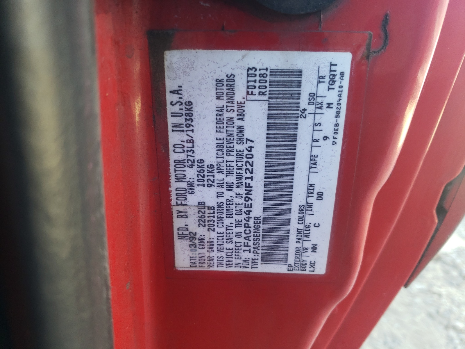 1FACP44E9NF122047 1992 Ford Mustang Lx