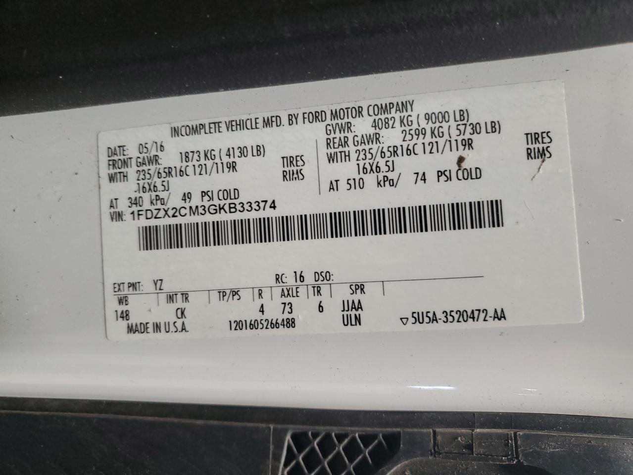 2016 Ford Transit T-350 VIN: 1FDZX2CM3GKB33374 Lot: 67852774