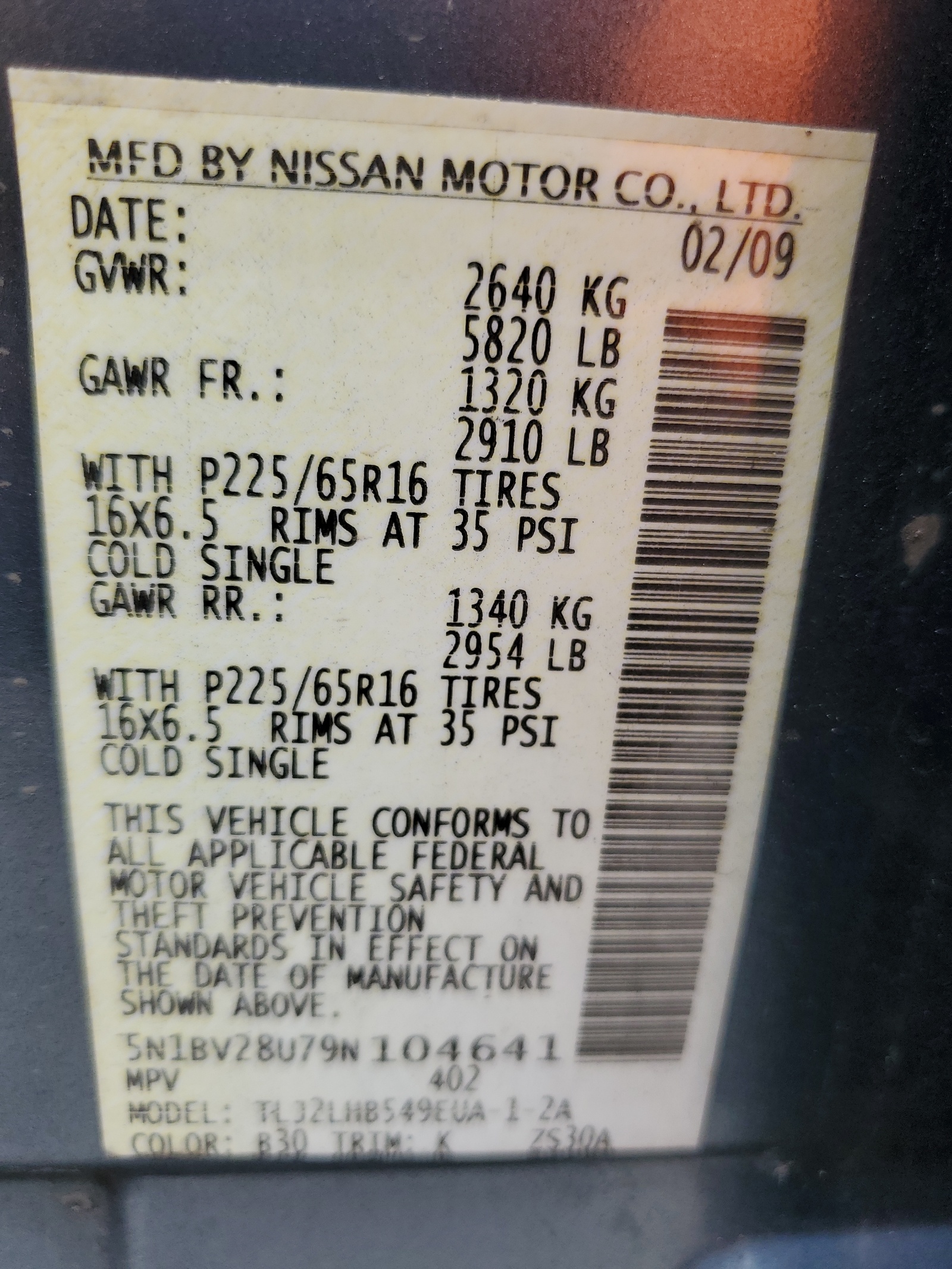 5N1BV28U79N104641 2009 Nissan Quest S