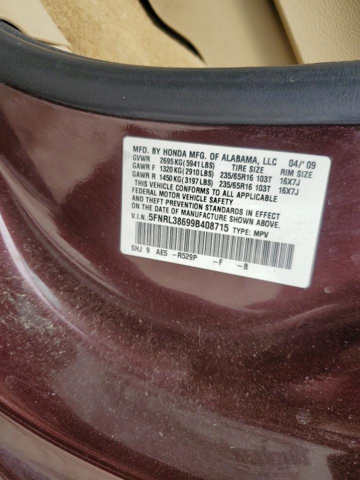 2009 Honda Odyssey Exl VIN: 5FNRL38699B408715 Lot: 66928294