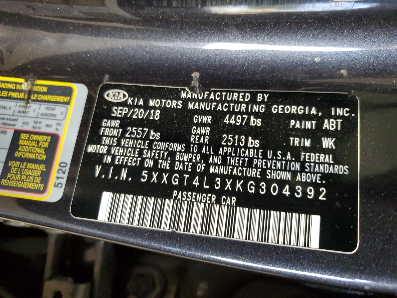 2019 Kia Optima Lx VIN: 5XXGT4L3XKG304392 Lot: 65797224