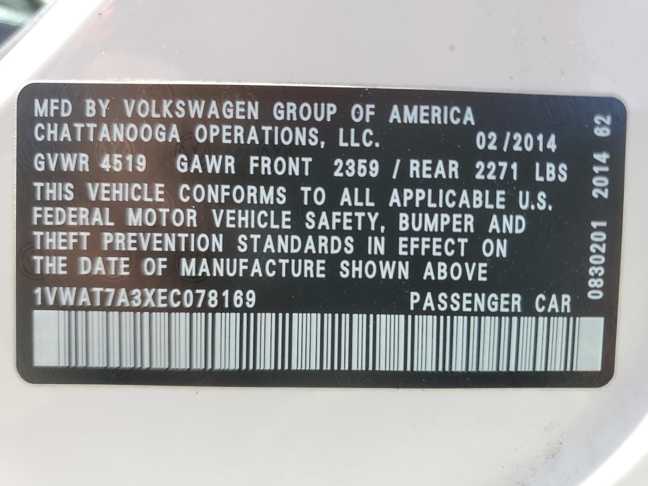 2014 Volkswagen Passat S VIN: 1VWAT7A3XEC078169 Lot: 68637094