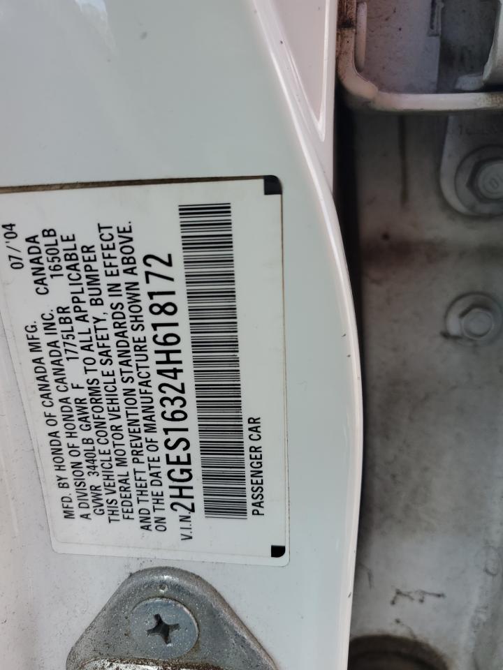 2004 Honda Civic Dx Vp VIN: 2HGES16324H618172 Lot: 69212164