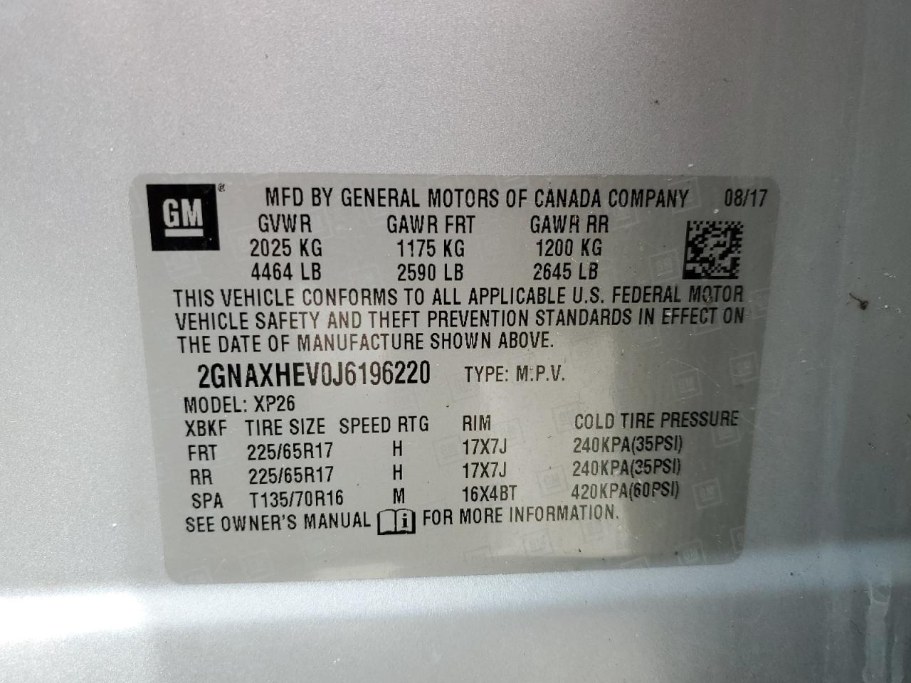 2GNAXHEV0J6196220 2018 CHEVROLET EQUINOX - Image 10