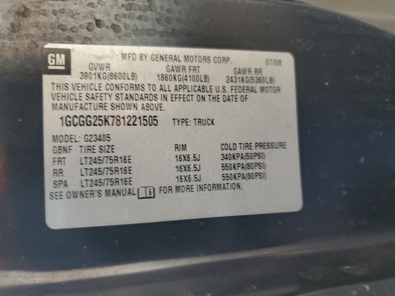 2008 Chevrolet Express G2500 VIN: 1GCGG25K781221505 Lot: 69453314