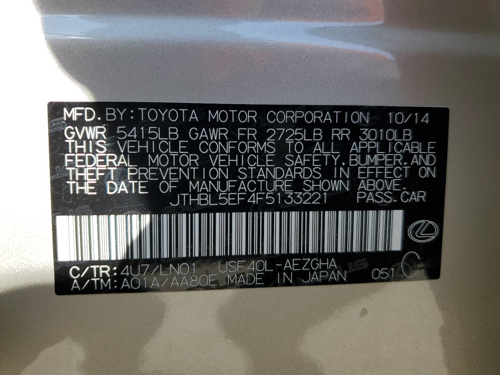 JTHBL5EF4F5133221 2015 Lexus Ls 460