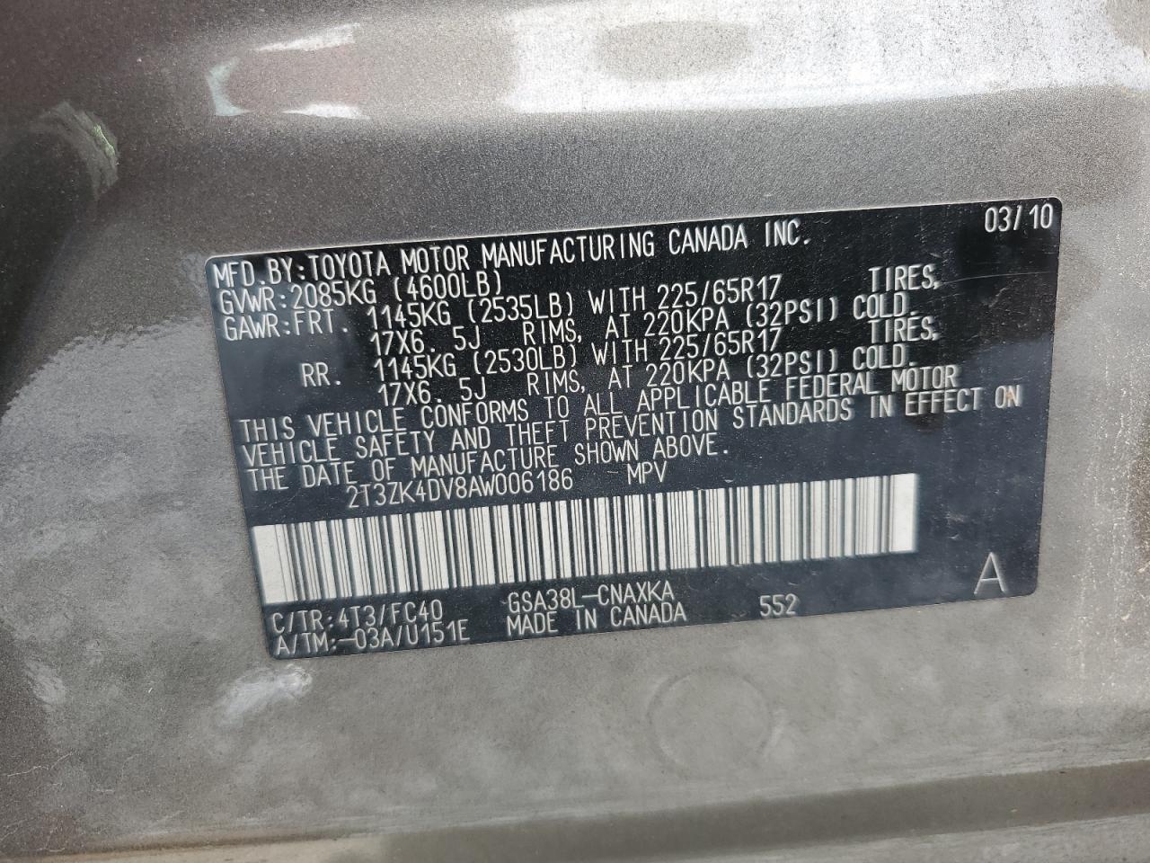 2010 Toyota Rav4 VIN: 2T3ZK4DV8AW006186 Lot: 66287934