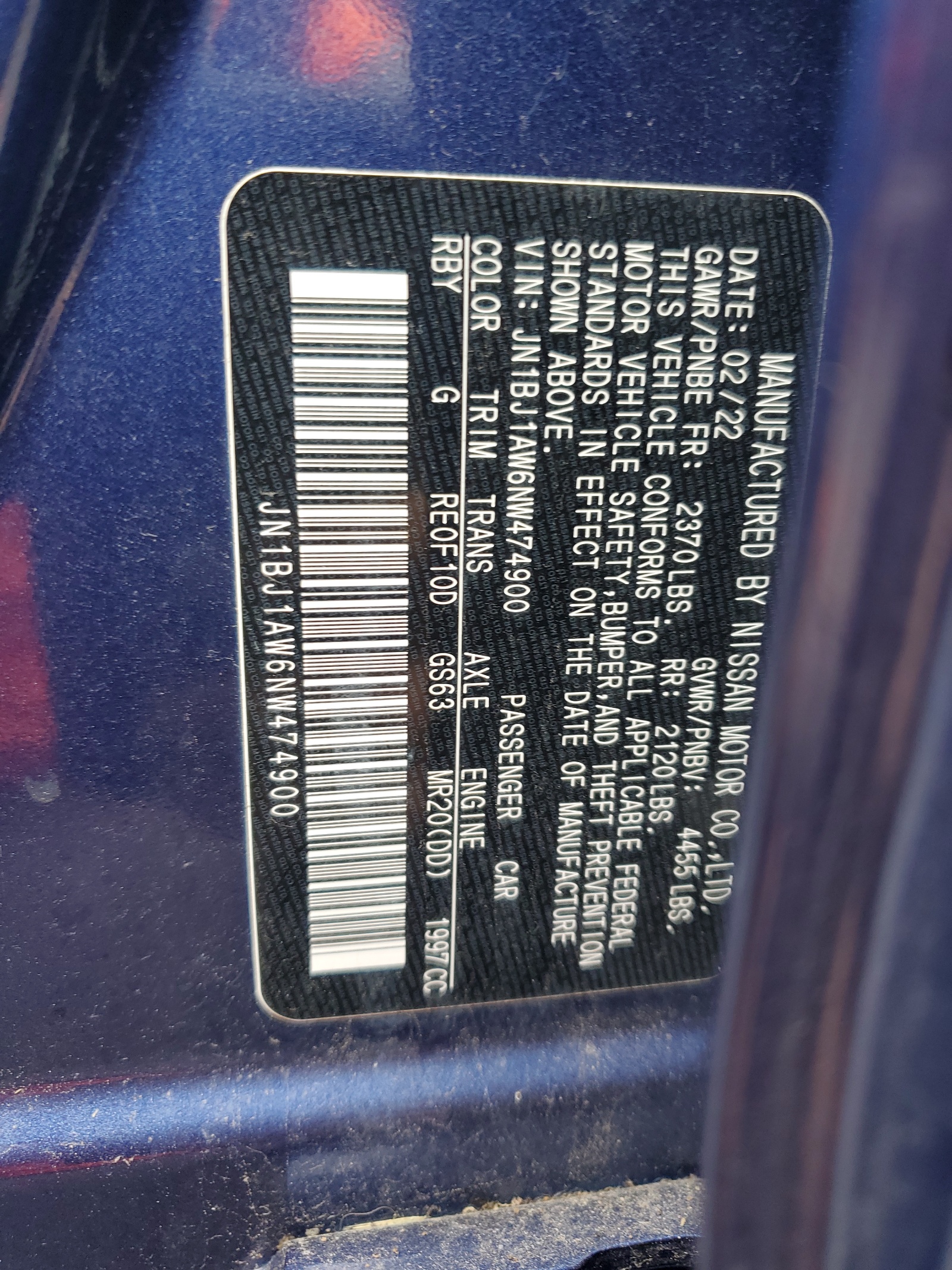 JN1BJ1AW6NW474900 2022 Nissan Rogue Sport S