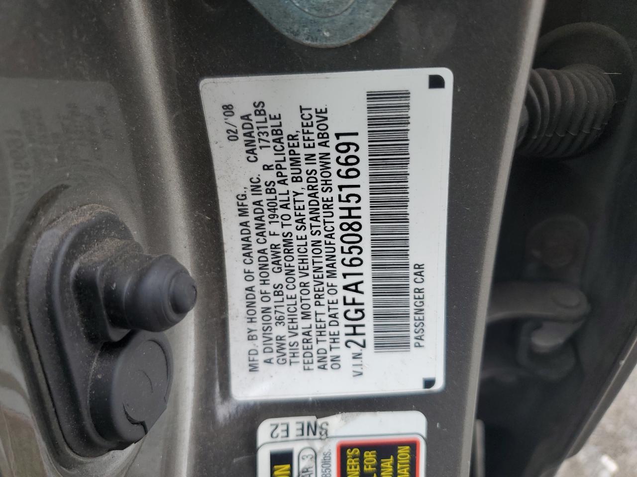 2008 Honda Civic Lx VIN: 2HGFA16508H516691 Lot: 66067664