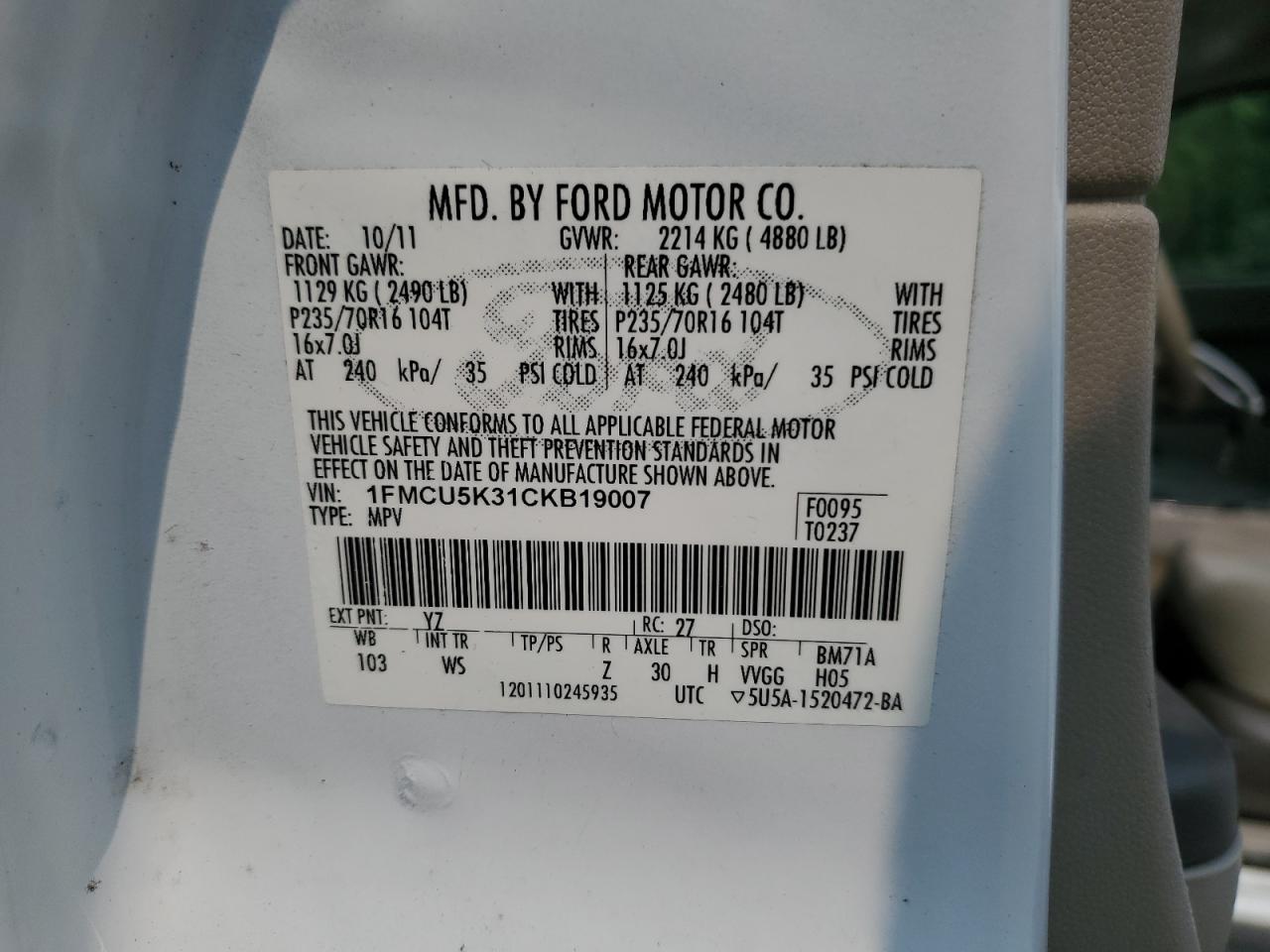 2012 Ford Escape Hybrid VIN: 1FMCU5K31CKB19007 Lot: 67099544