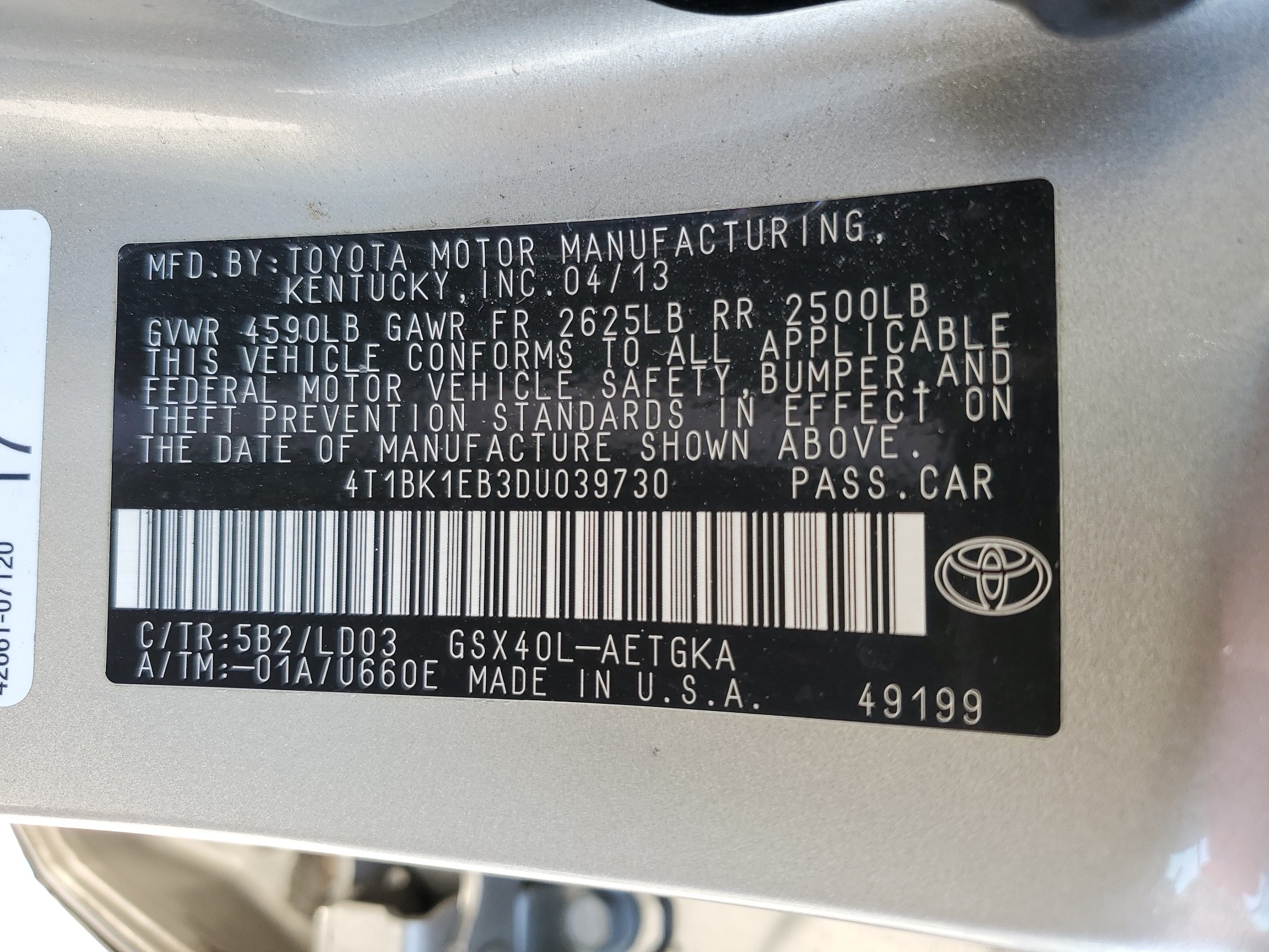 4T1BK1EB3DU039730 2013 Toyota Avalon Base