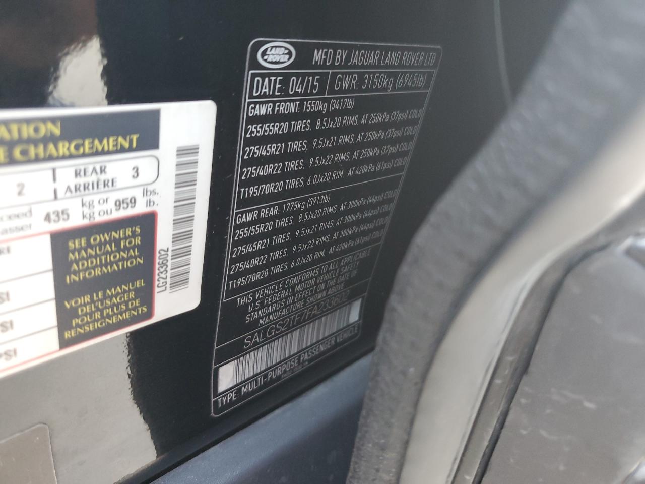 2015 Land Rover Range Rover Supercharged VIN: SALGS2TF7FA233602 Lot: 66748494