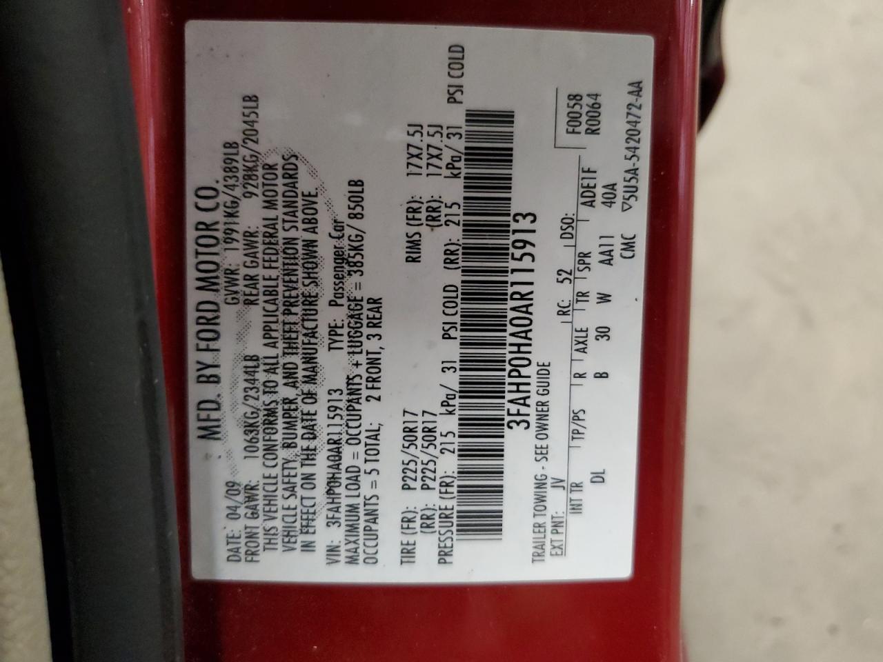 2010 Ford Fusion Se VIN: 3FAHP0HA0AR115913 Lot: 67513054