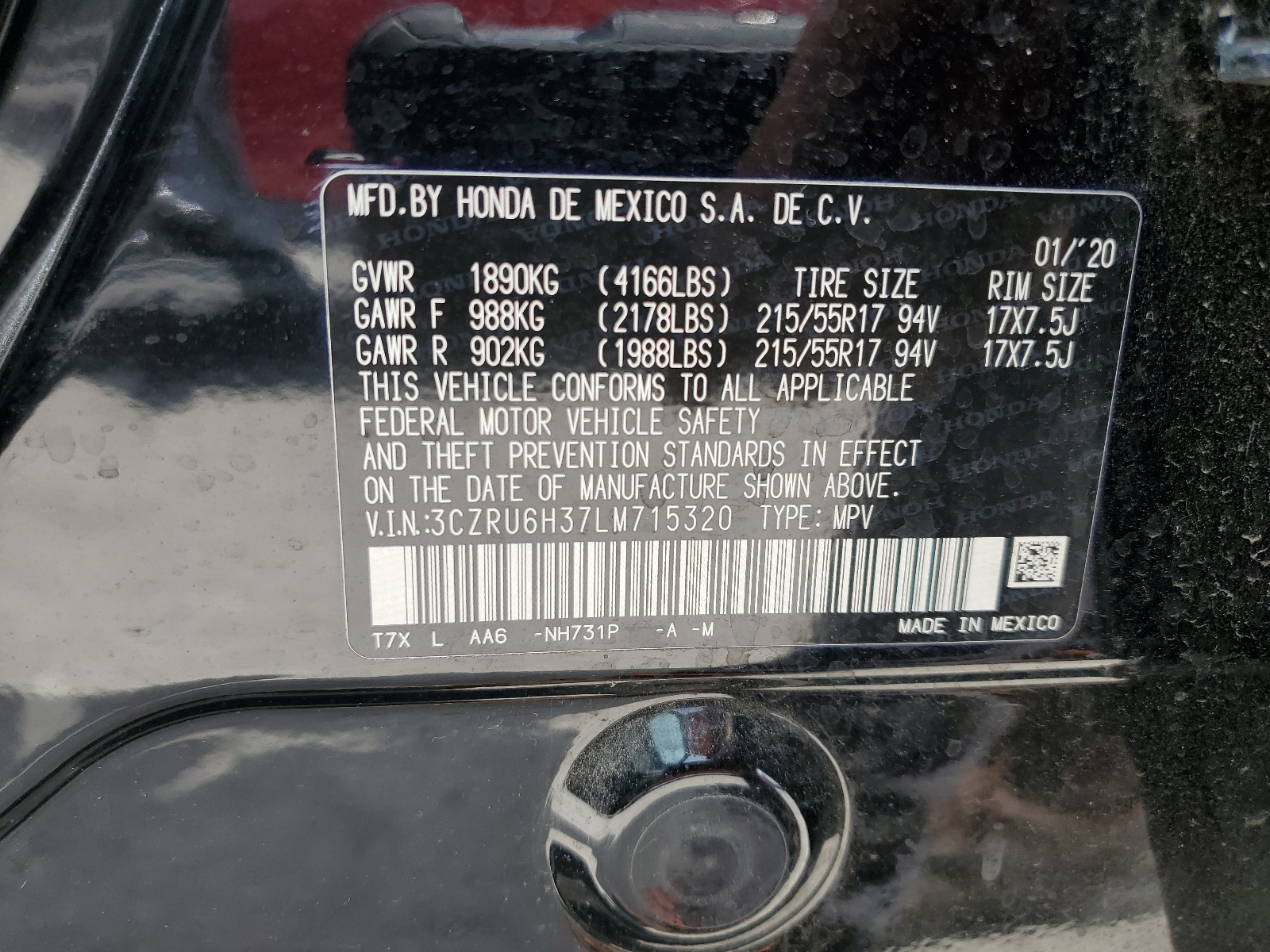 3CZRU6H37LM715320 2020 Honda Hr-V Lx