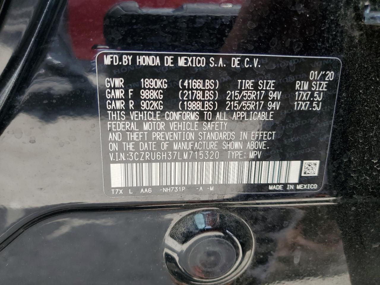 2020 Honda Hr-V Lx VIN: 3CZRU6H37LM715320 Lot: 65784054