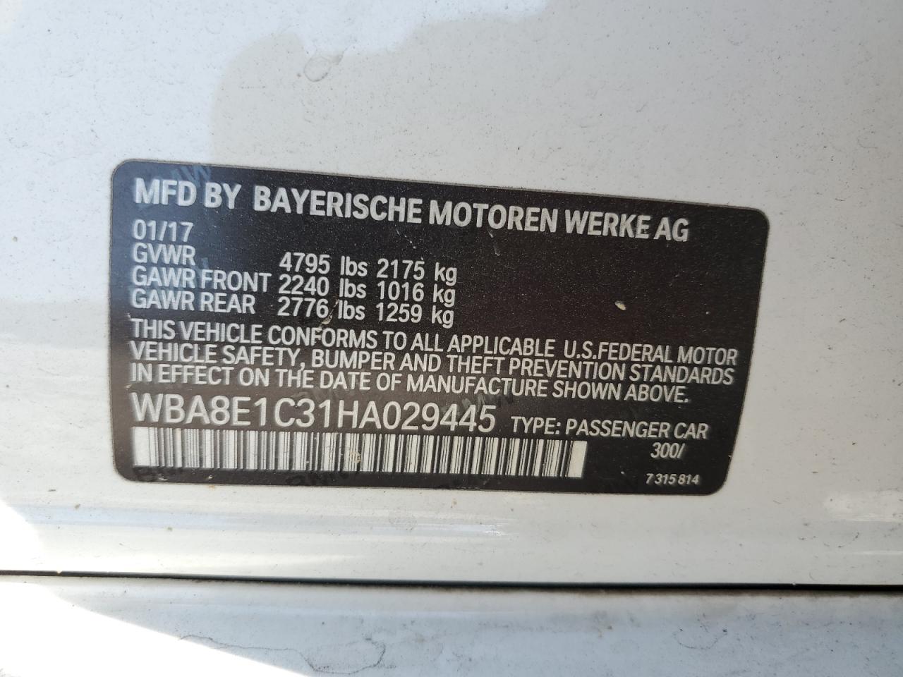 2017 BMW 330E VIN: WBA8E1C31HA029445 Lot: 68437094