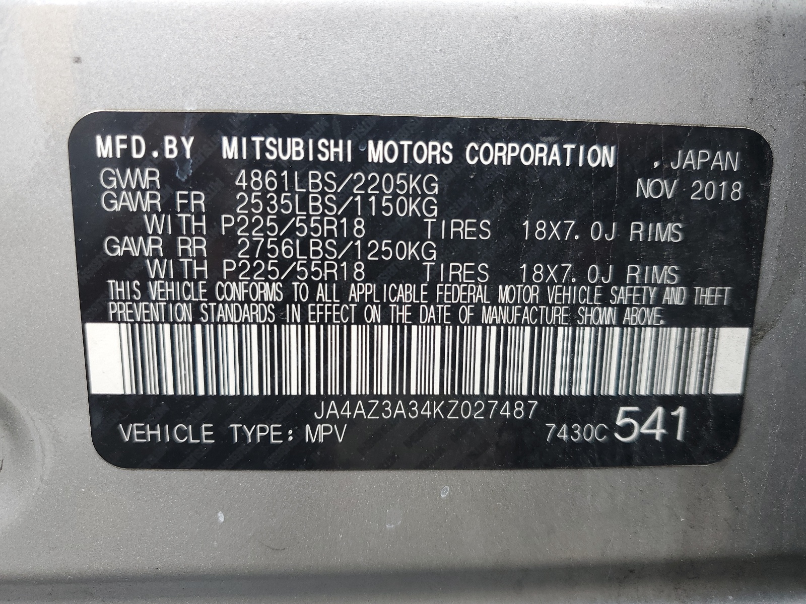 2019 Mitsubishi Outlander Se vin: JA4AZ3A34KZ027487