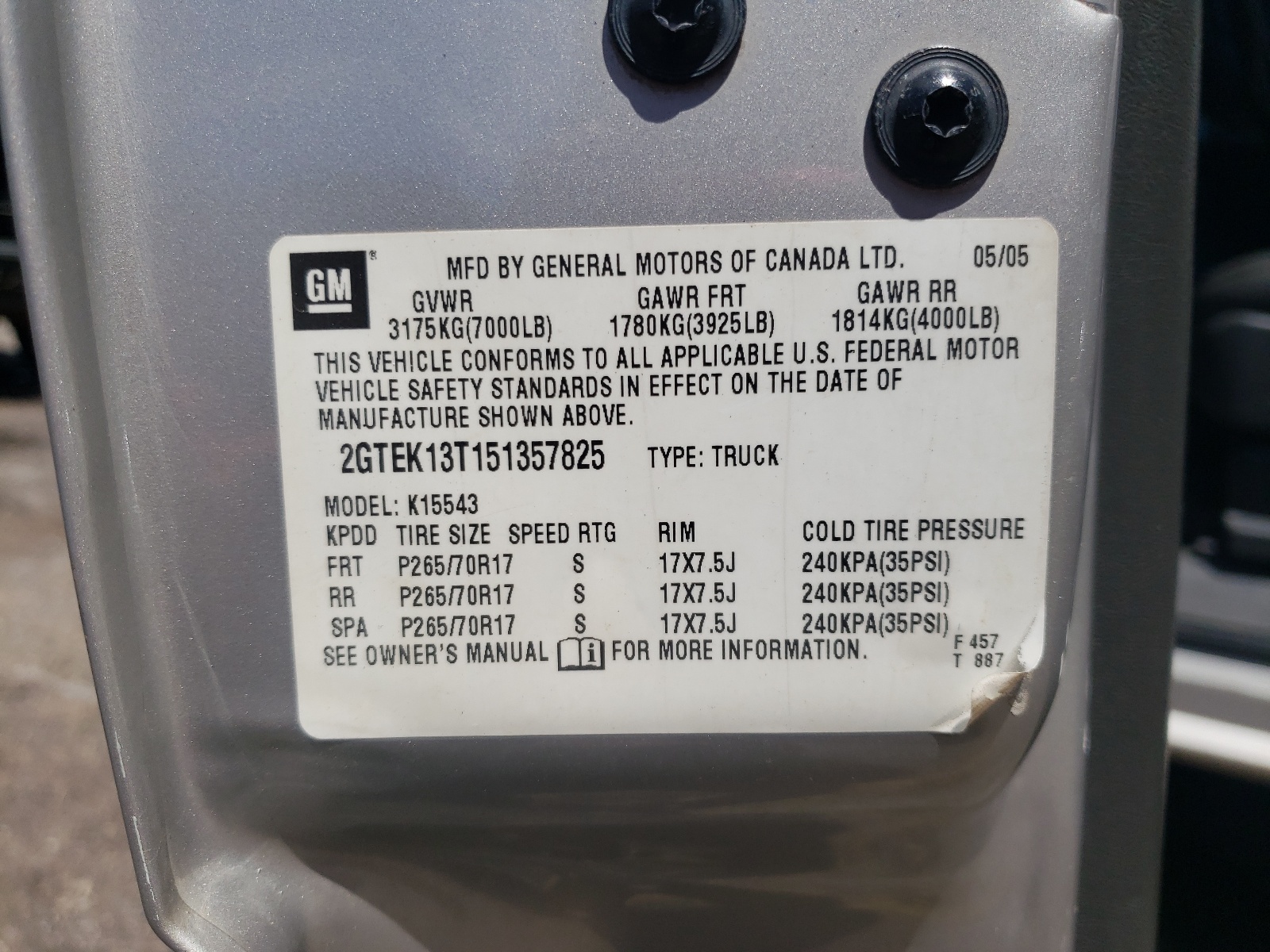 2GTEK13T151357825 2005 GMC New Sierra K1500