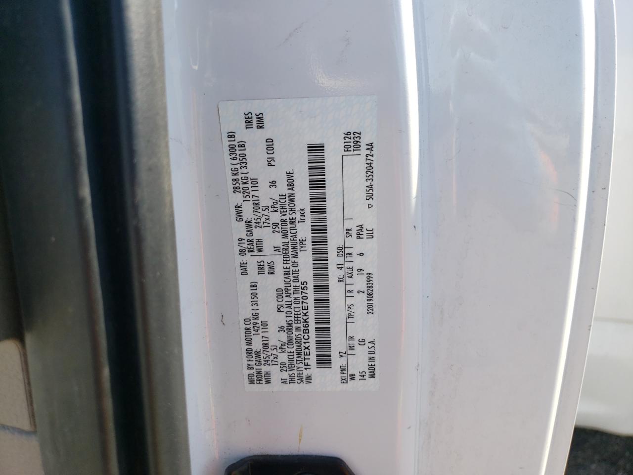 1FTEX1CB6KKE70755 2019 Ford F150 Super Cab