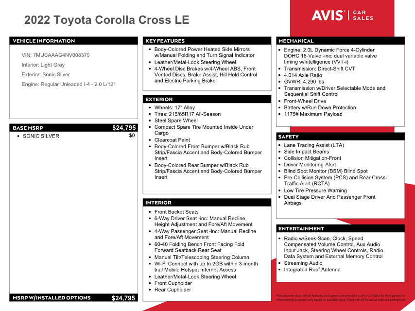 7MUCAAAG4NV008379 2022 Toyota Corolla Cross Le