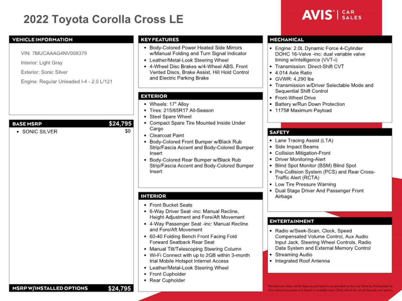 2022 Toyota Corolla Cross Le VIN: 7MUCAAAG4NV008379 Lot: 68928064