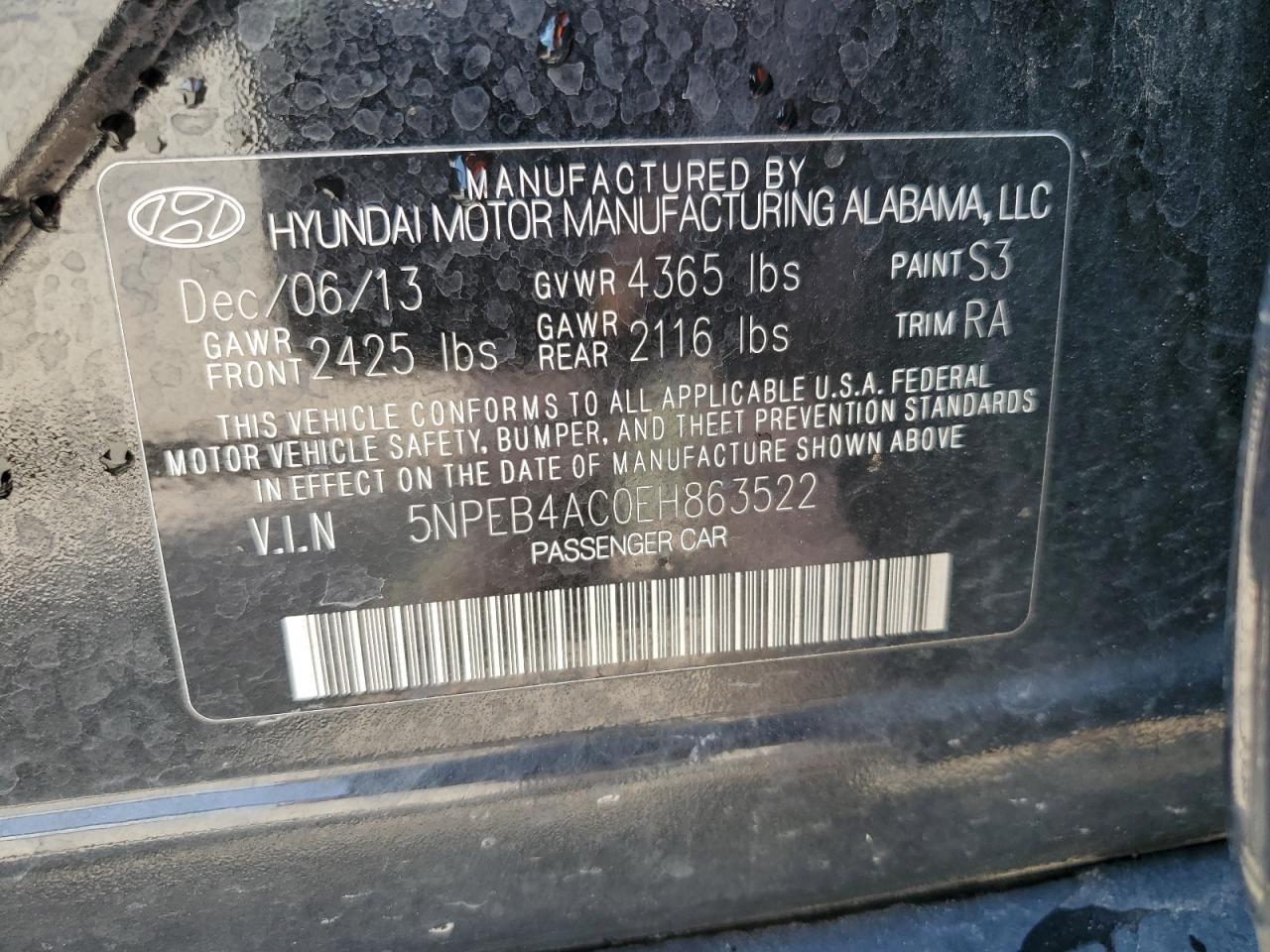 5NPEB4AC0EH863522 2014 Hyundai Sonata Gls