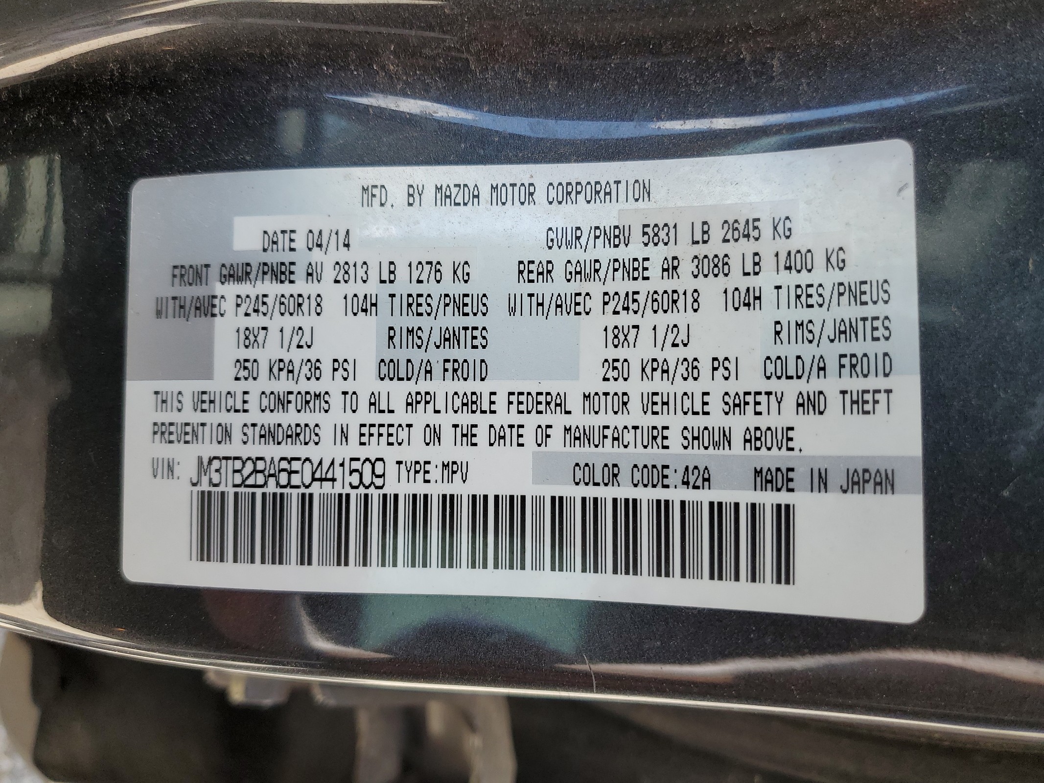 JM3TB2BA6E0441509 2014 Mazda Cx-9 Sport