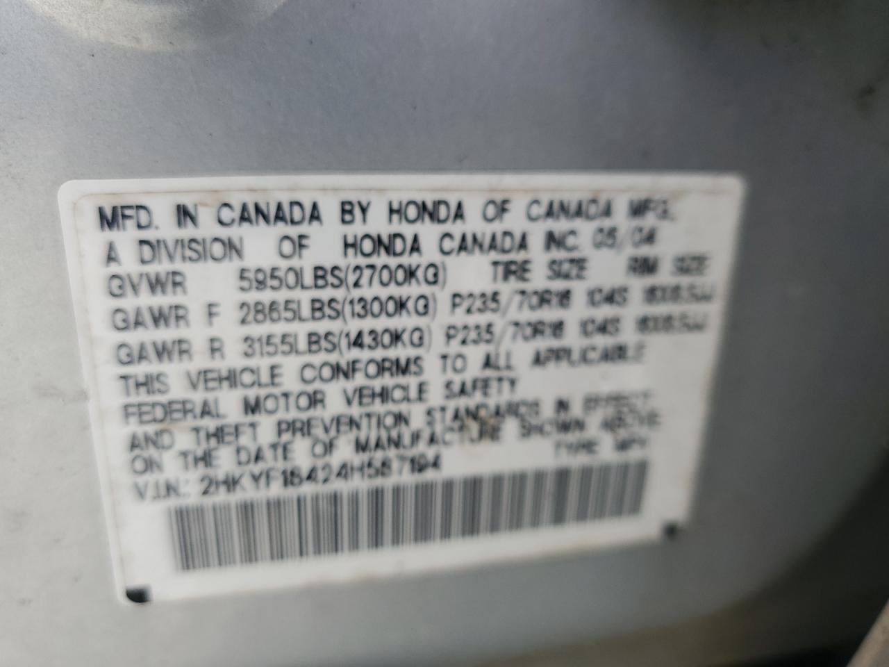 2004 Honda Pilot Ex VIN: 2HKYF18424H587194 Lot: 65945114