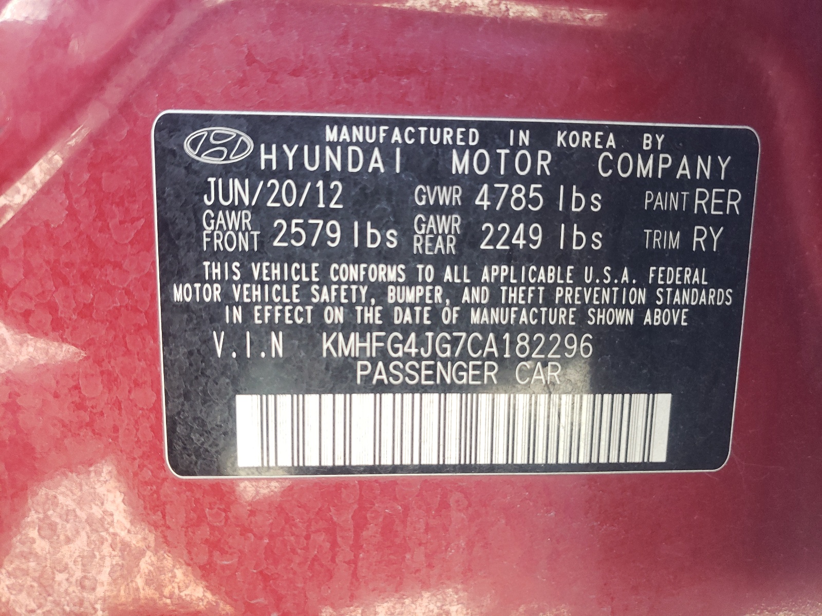 KMHFG4JG7CA182296 2012 Hyundai Azera Gls