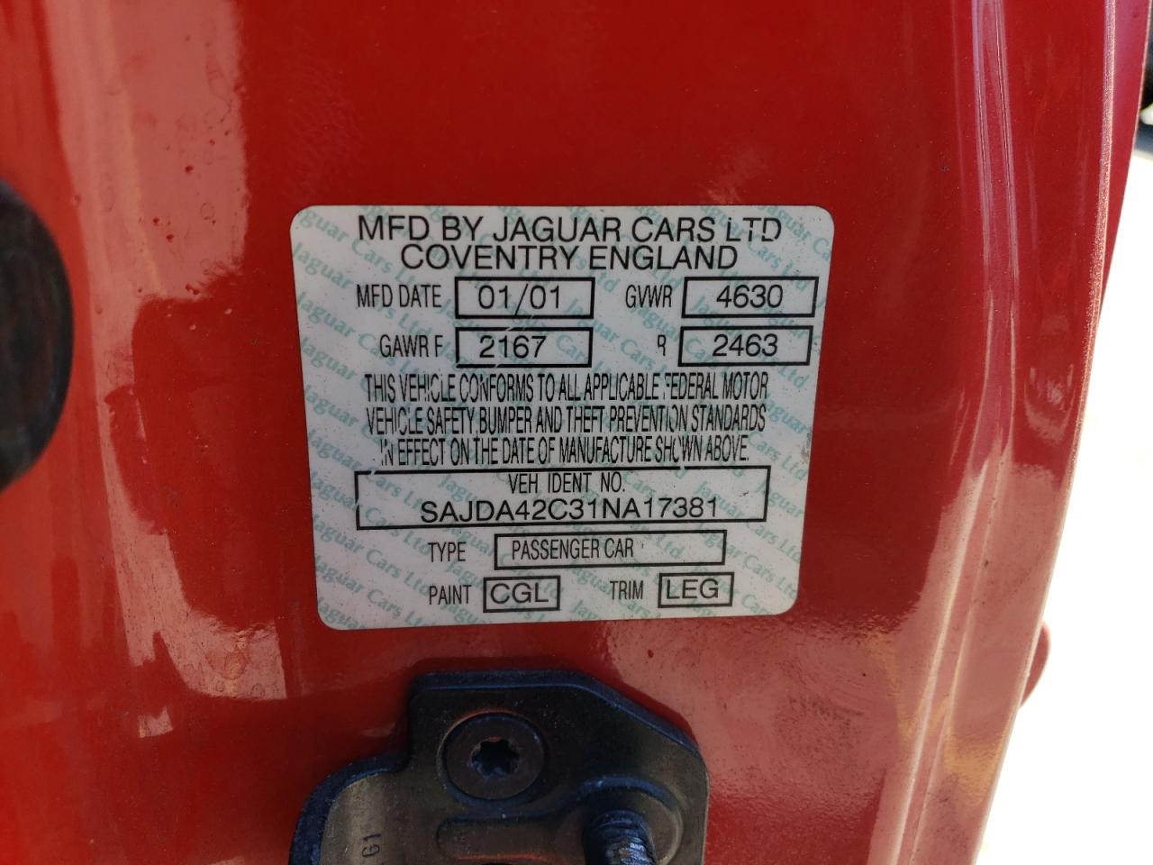 2001 Jaguar Xk8 VIN: SAJDA42C31NA17381 Lot: 67948134