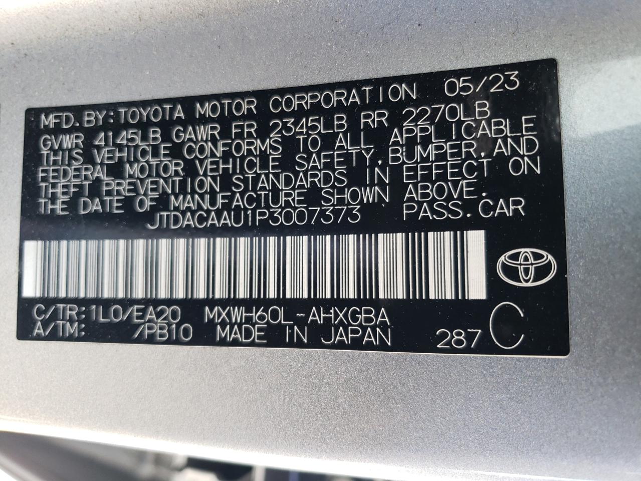 2023 Toyota Prius Le VIN: JTDACAAU1P3007373 Lot: 67302234