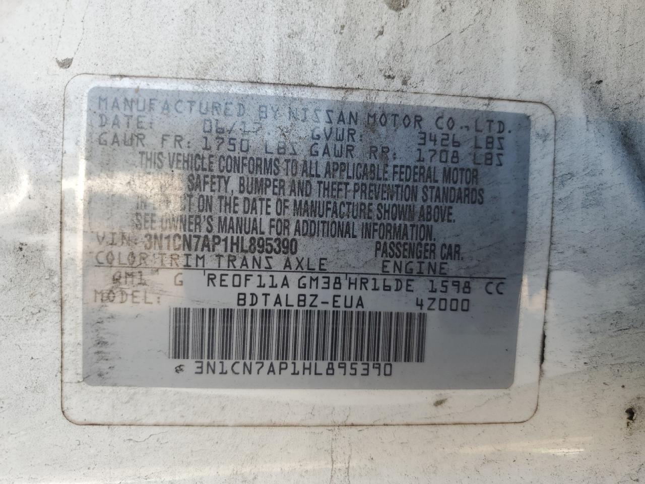 3N1CN7AP1HL895390 2017 Nissan Versa S