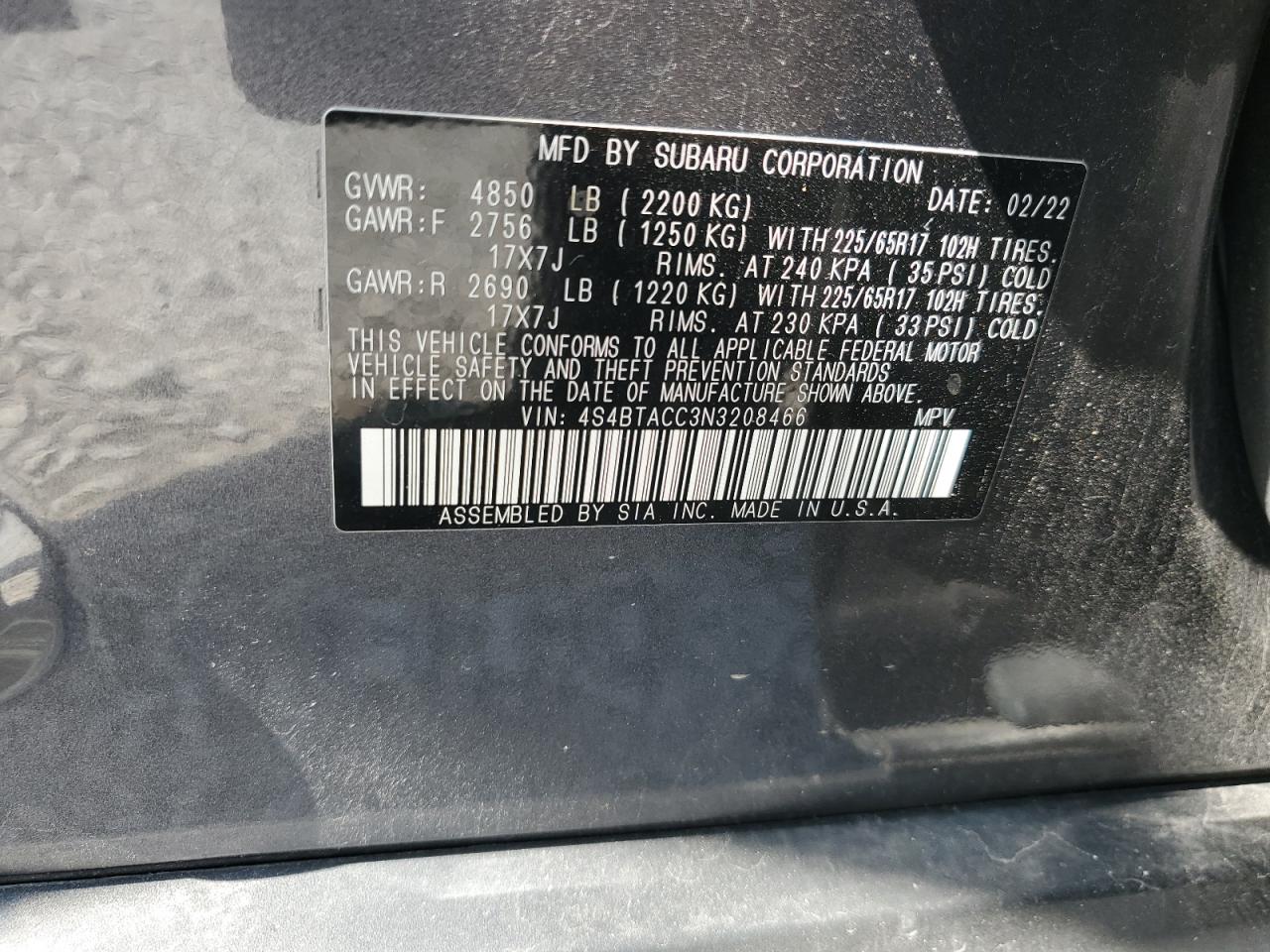 4S4BTACC3N3208466 2022 Subaru Outback Premium