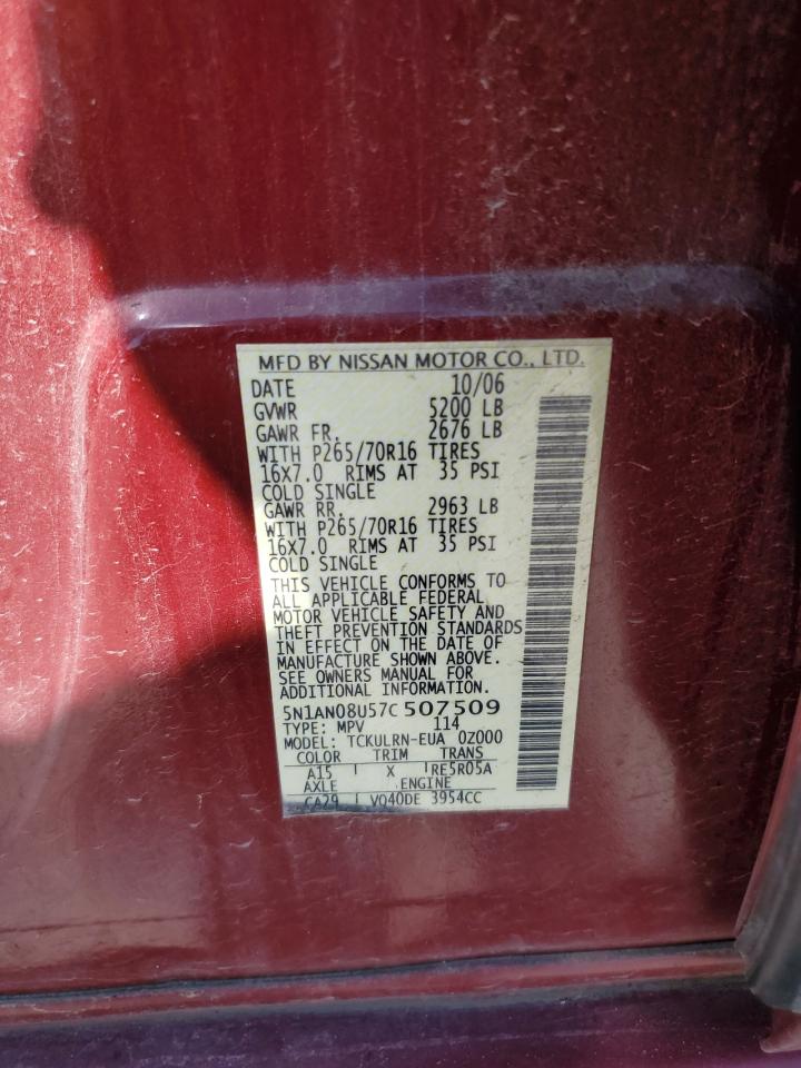 2007 Nissan Xterra Off Road VIN: 5N1AN08U57C507509 Lot: 67384054